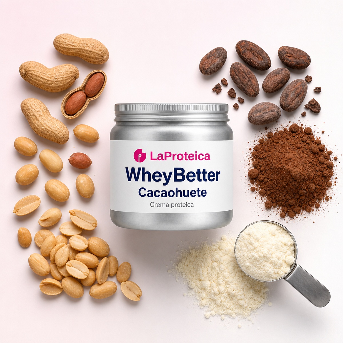 Tarro de WheyBetter Cacaohuete rodeado de sus ingredientes