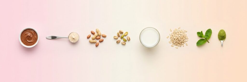 Ingredientes proteicos alineados sobre un fondo pastel: crema de cacao, proteína en polvo, cacahuetes, pistachos, leche, avena, matcha y menta