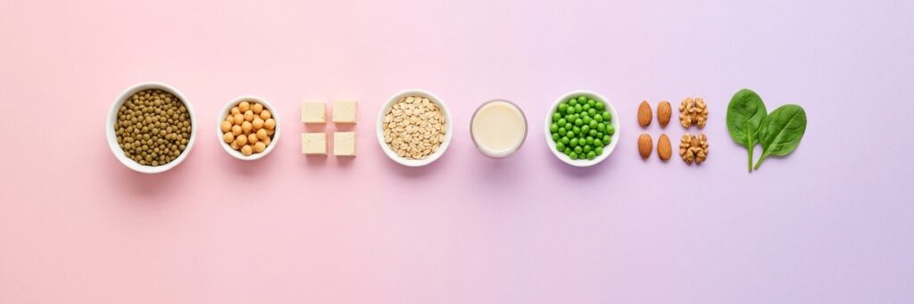 Alimentos vegetales proteicos en fila sobre un degradado pastel: lentejas, garbanzos, tofu, avena, bebida de soja, guisantes, frutos secos y espinaca