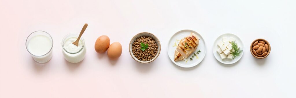 Alimentos ricos en proteína para niños y adolescentes alineados sobre fondo pastel