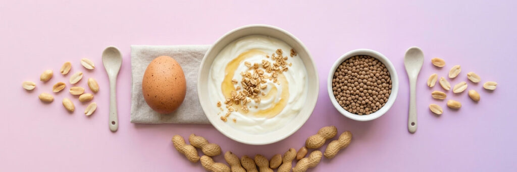 Flat lay centrado de alimentos ricos en proteína: yogur, huevo, lentejas y cacahuetes sobre fondo pastel rosa y lavanda