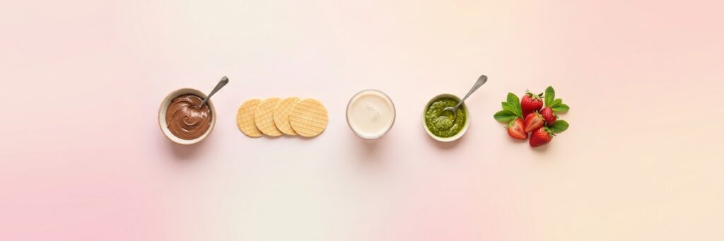 Banner con untable de cacao, galletas finas doradas, batido, salsa de pesto y fresas sobre fondo pastel