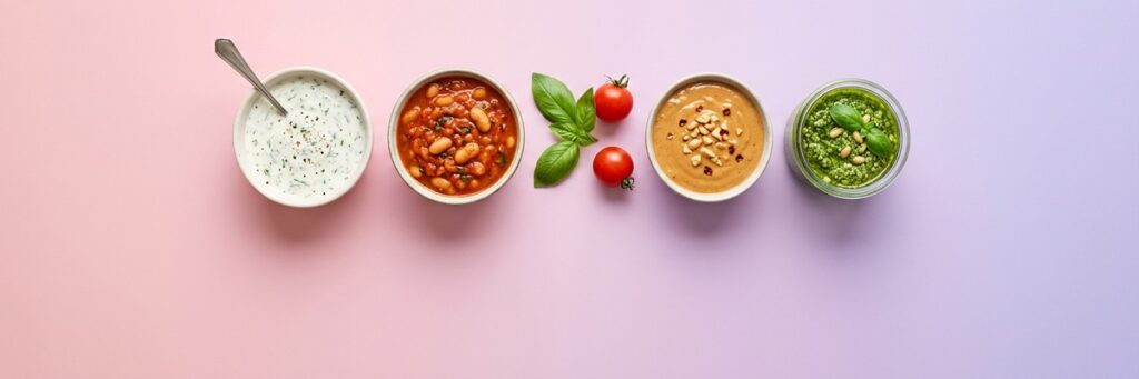 Cuatro salsas proteicas caseras en cuencos sobre fondo pastel: salsa de queso batido y hierbas, salsa de alubias blancas al tomate, salsa de cacahuete y pesto proteico