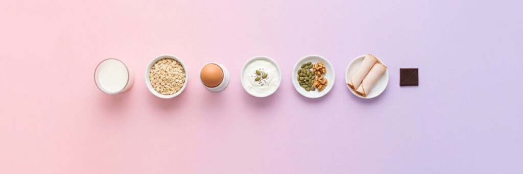 Alimentos ricos en triptófano sobre un fondo degradado pastel: leche, avena, huevo, yogur, semillas de calabaza, nueces, pavo y chocolate negro