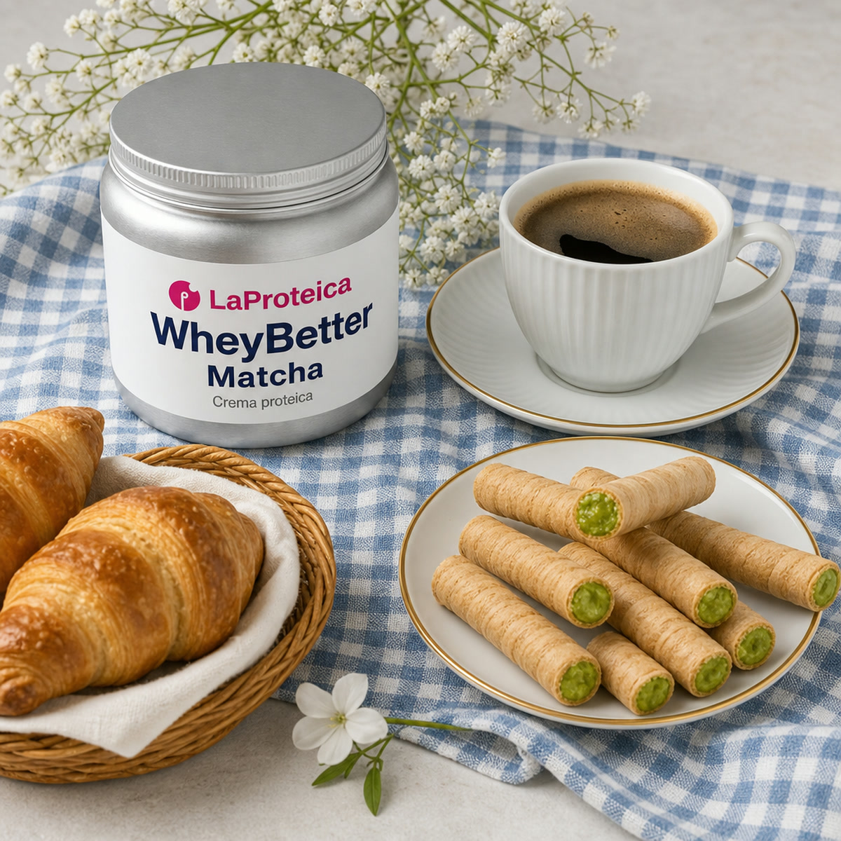 WheyBetter Matcha como postre después de la comida, con café