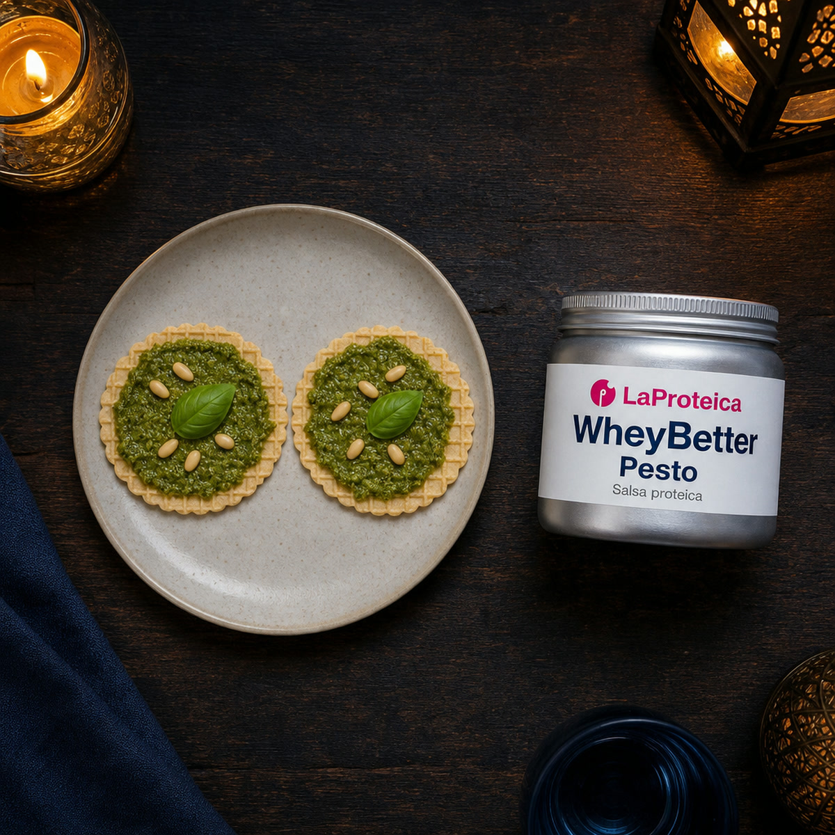 WheyBetter Pesto: barquillos de maíz con salsa de pesto en una cena nocturna