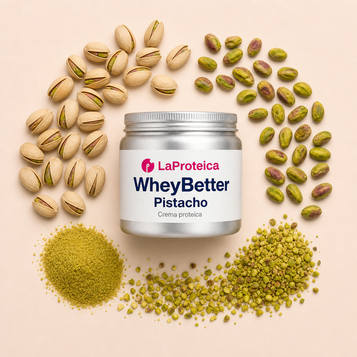 Tarro de WheyBetter Pistacho rodeado de sus ingredientes