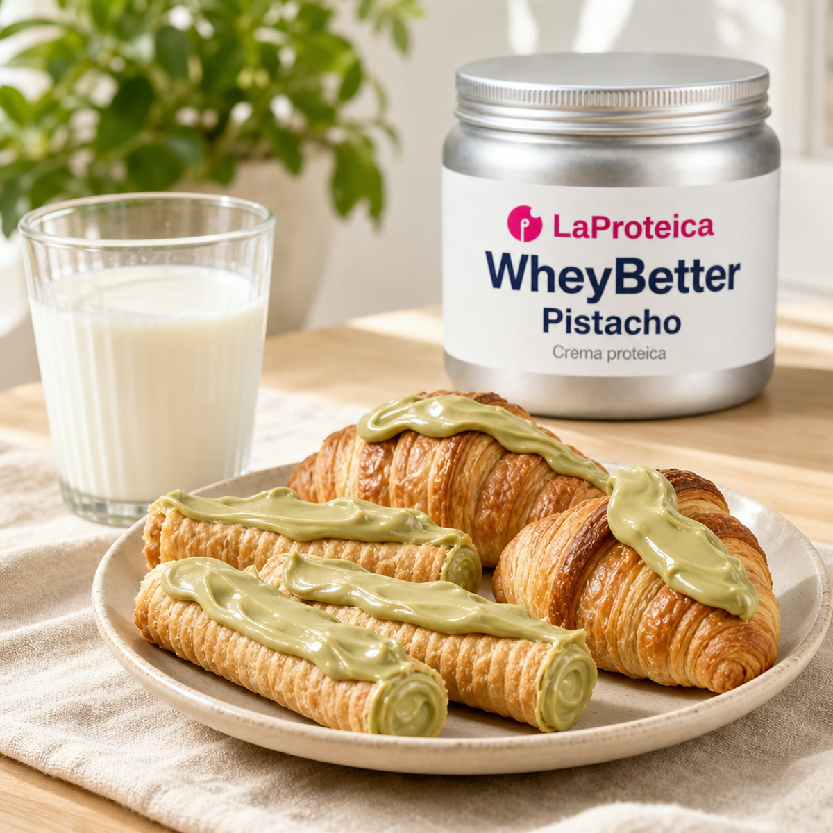 WheyBetter Pistacho en el desayuno, con tostadas y leche
