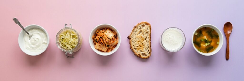 Alimentos fermentados: qué aportan de verdad 2 Alimentos fermentados en fila: yogur, chucrut, kimchi, pan de masa madre, kéfir y sopa de miso sobre fondo pastel
