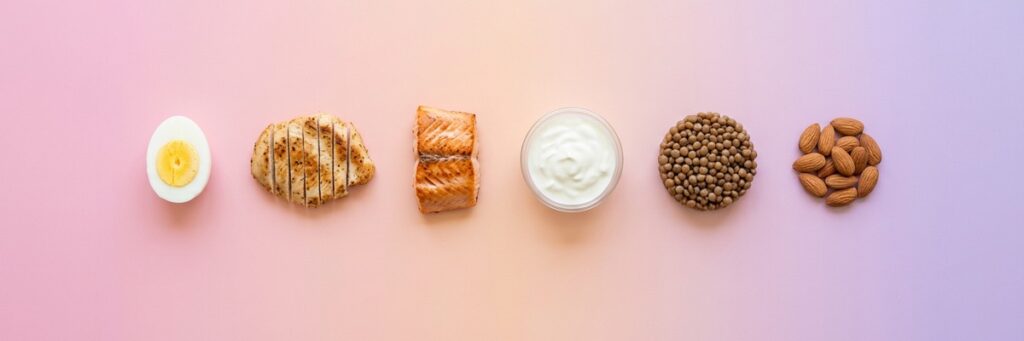 Fila de alimentos ricos en proteína: huevo, pollo, salmón, yogur, lentejas y almendras