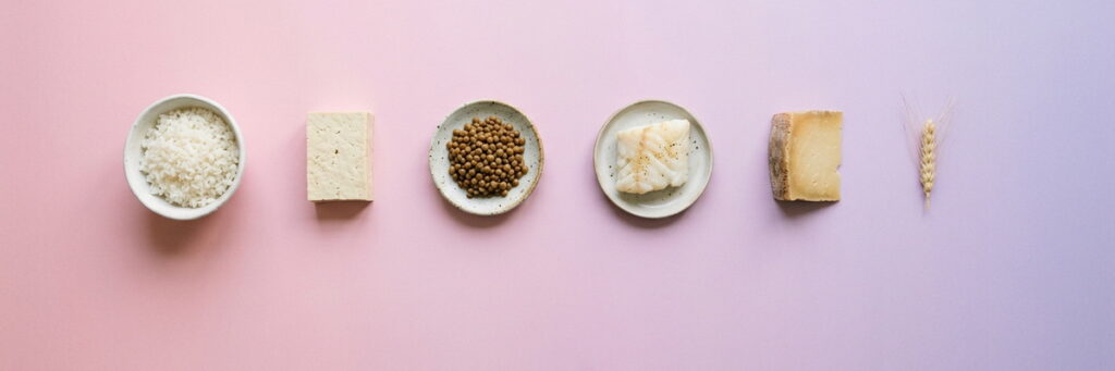 Proteína en Asia y Occidente: revisión sistemática de ingesta y metabolismo 3 Bodegón de arroz, tofu, lentejas, pescado, queso y una espiga de trigo sobre un degradado pastel